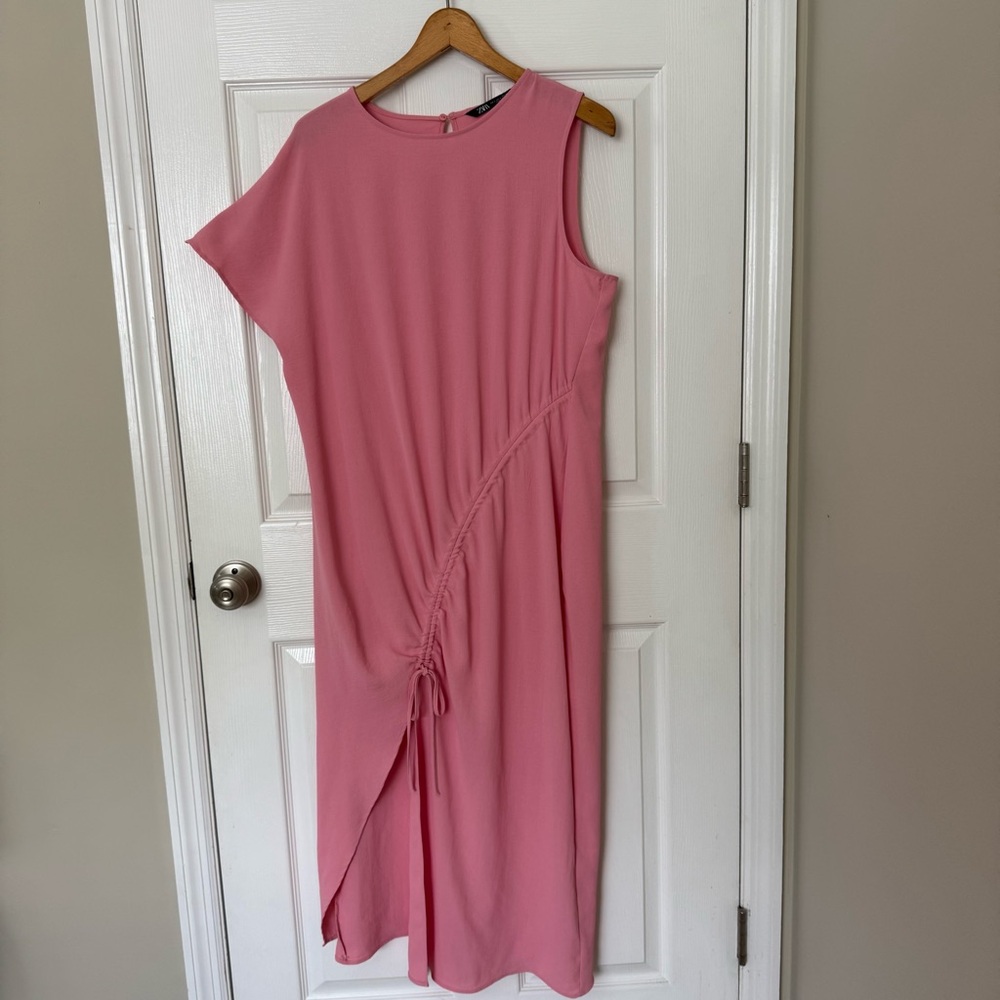Zara Pink Draped Asymmetrical Midi Dress